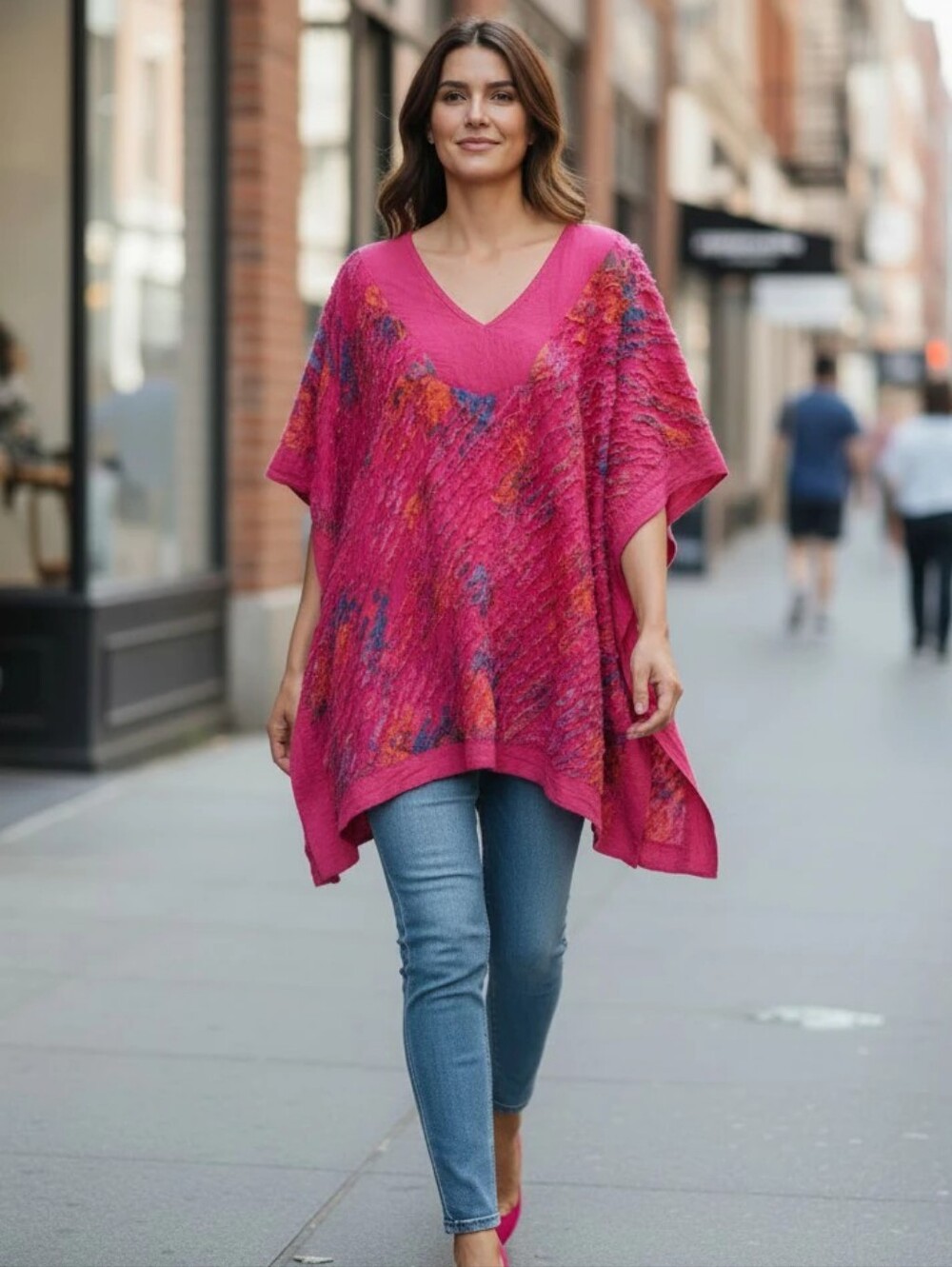 SHOP THERAPY Vibrant Fuchsia Multicolor V-Neck Poncho ONE SIZE